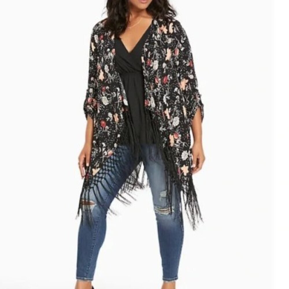 Torrid Multi Color Floral Fringe Open Front Long Sleeve Duster Kimono 1 1X 14/16